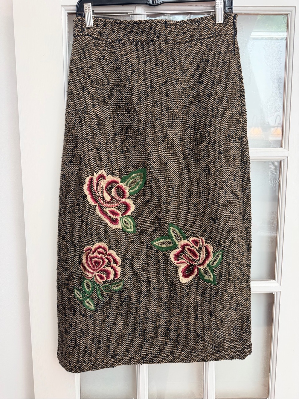 eShakti Embroidered Brown Wool Tweed Pencil Midi Skirt Pink Floral Rose Size M